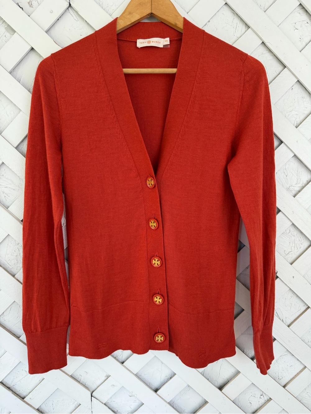 Tory Burch Simone V-Neck Cardigan Sweater Red Orange Gold Logo Buttons Wool M